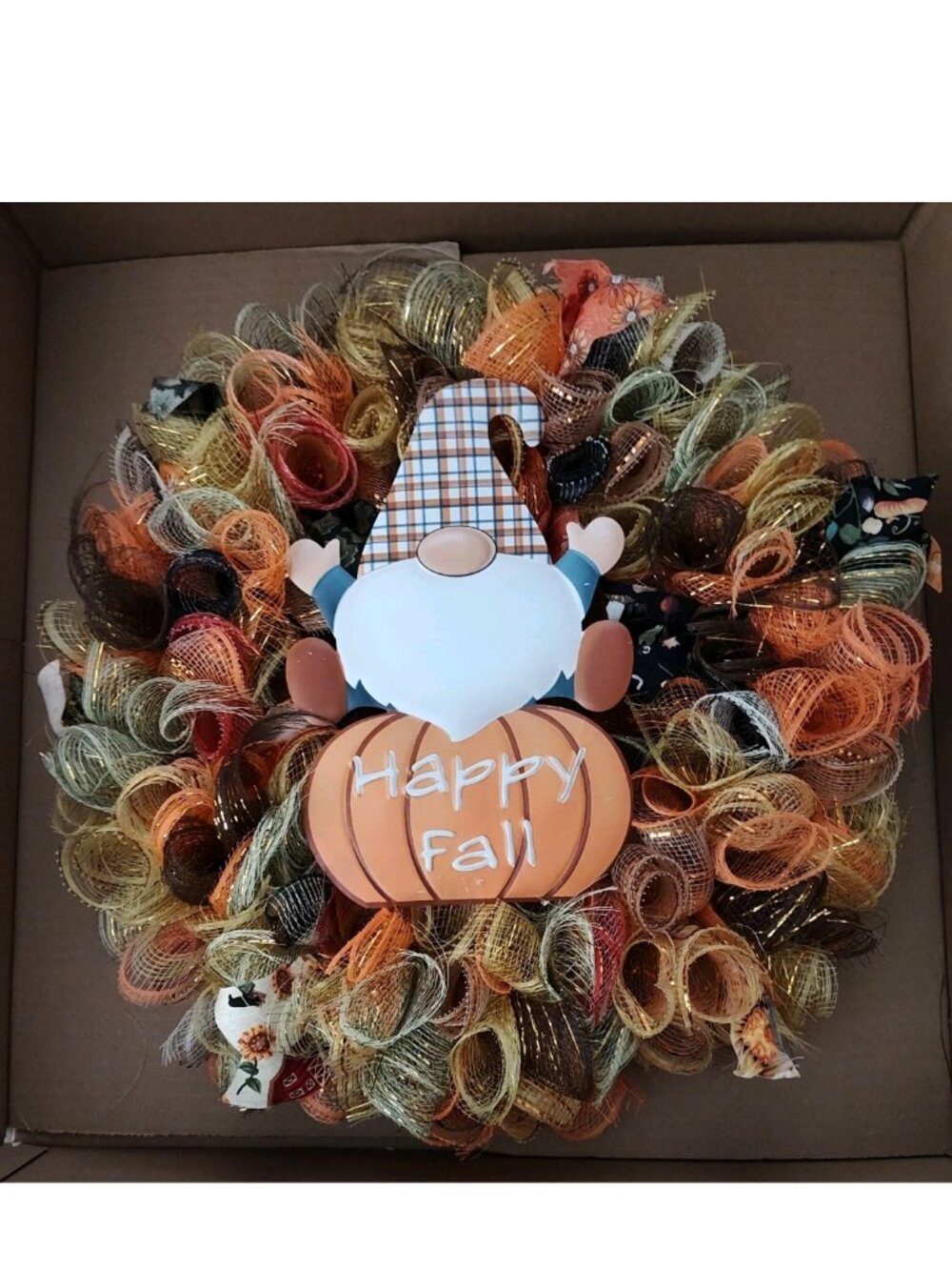 Handmade Seasonal Deco Mesh/Ribbon Wreath Fall Autumn Harvest Happy Fall Gnome
